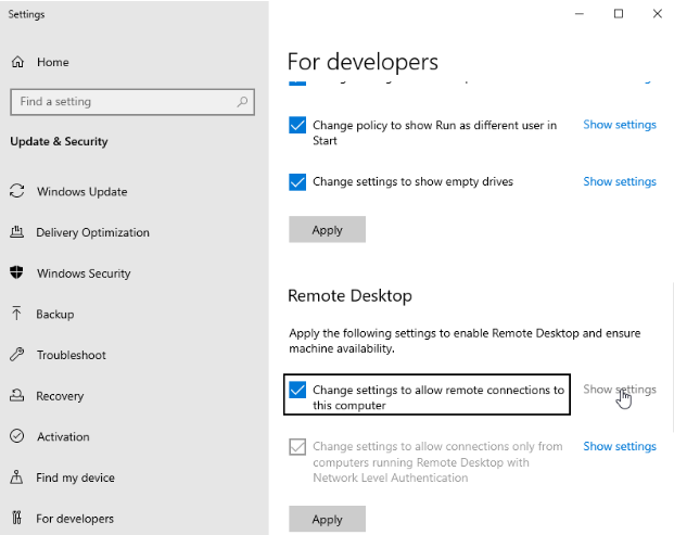 Win10 RDP settings