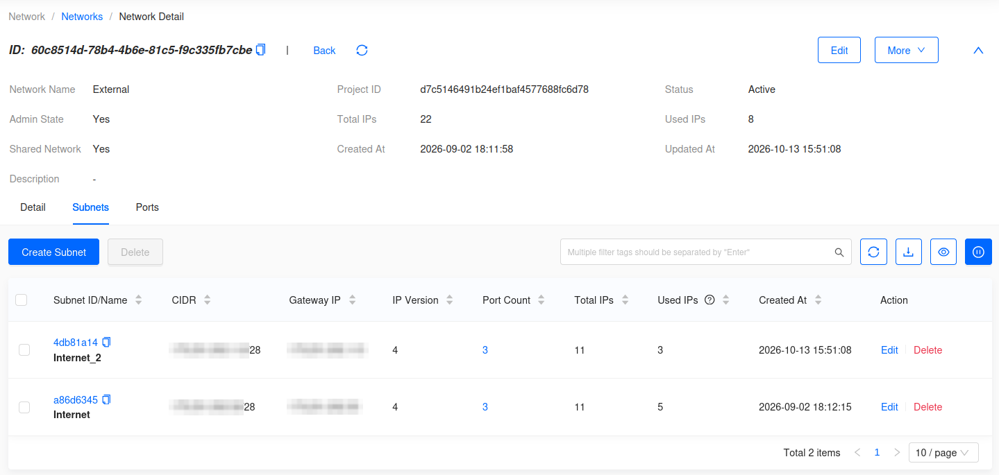 External network subnets listing the new subnet in Skyline
