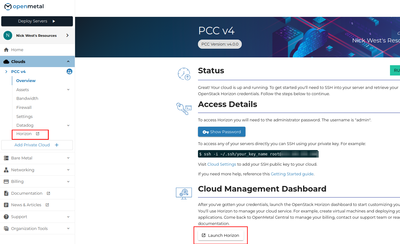Cloud overview in OpenMetal Central