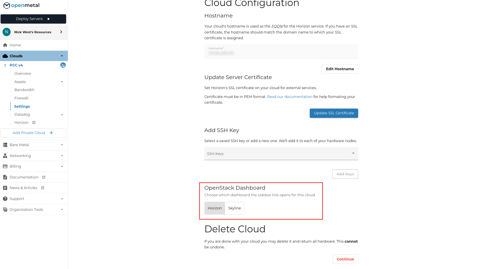 OpenStack Dashboard selector in OpenMetal Central