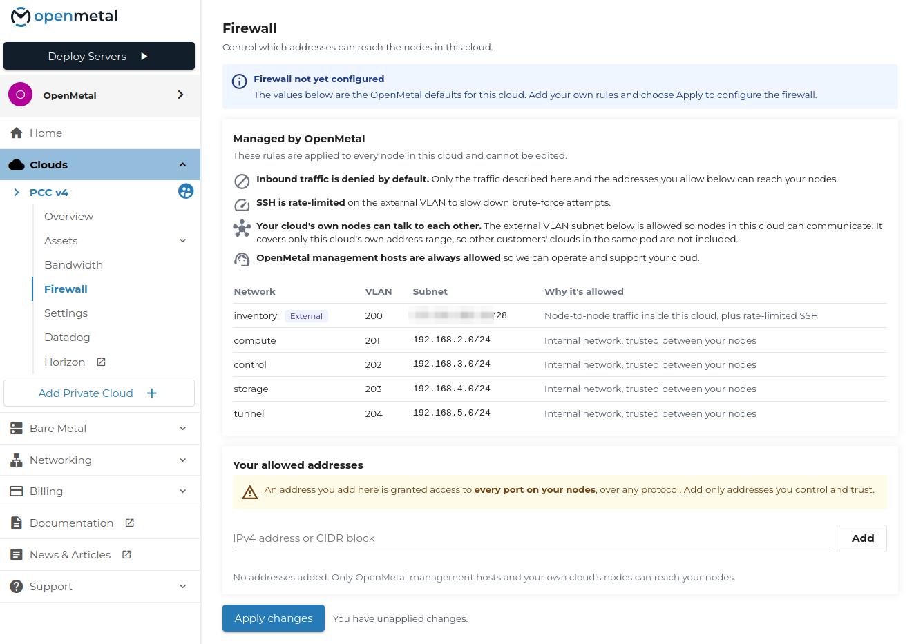 Firewall page in OpenMetal Central