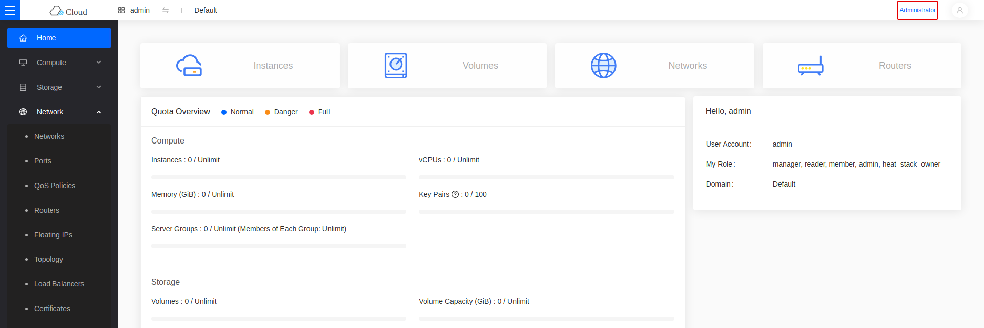 Skyline navigation with the Administrator link