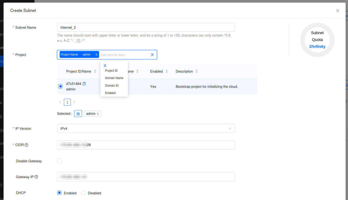Top of the Create Subnet dialog in Skyline