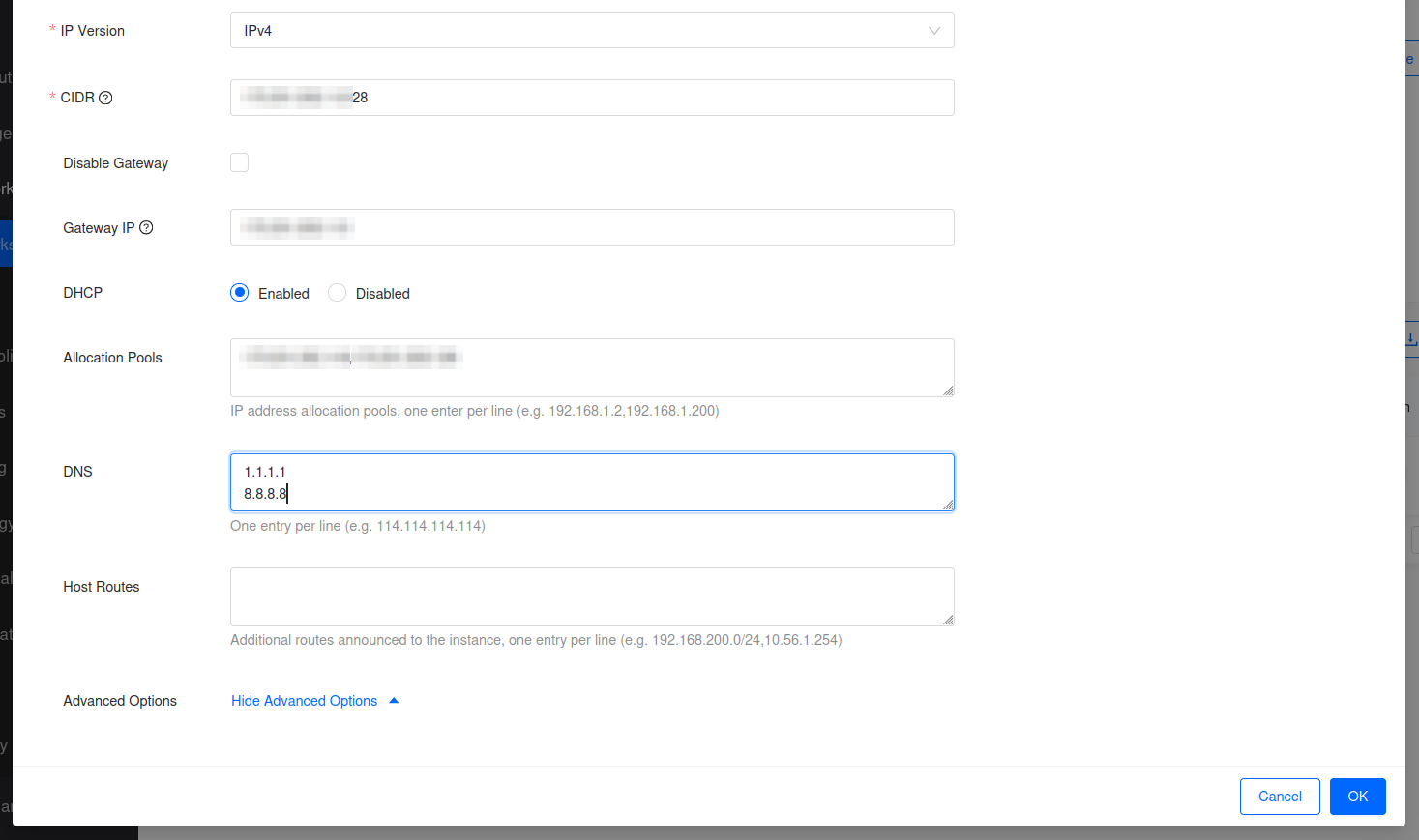Allocation pool and DNS fields of the Create Subnet dialog in Skyline