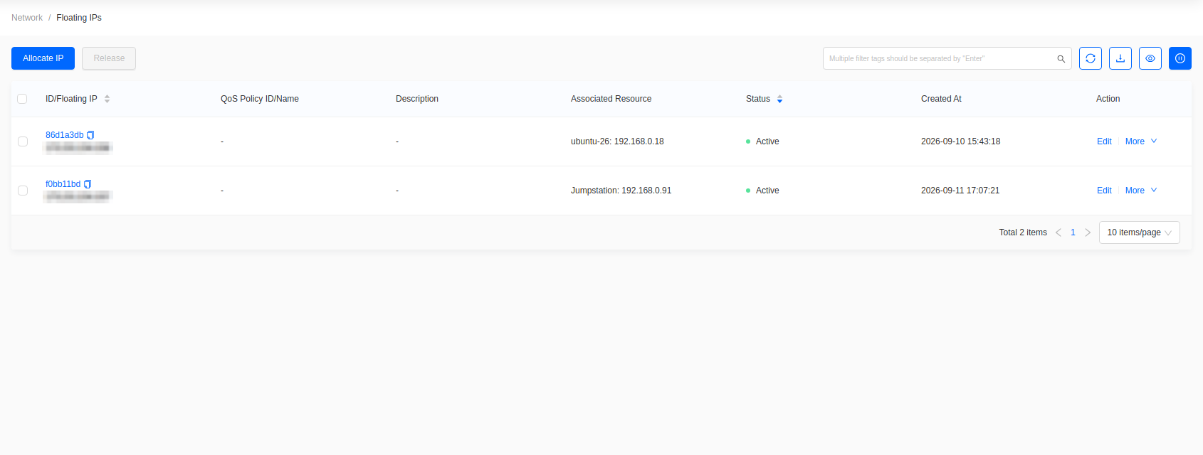 Floating IPs list