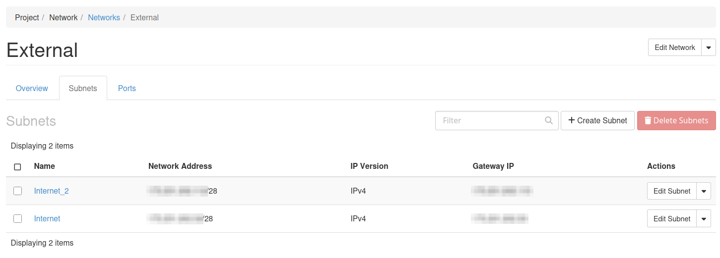 External network subnets listing the new subnet in Horizon