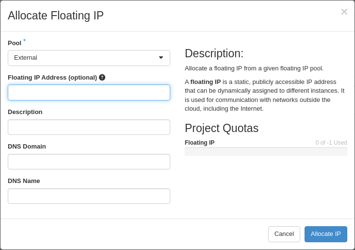 Allocate Floating IP form in Horizon