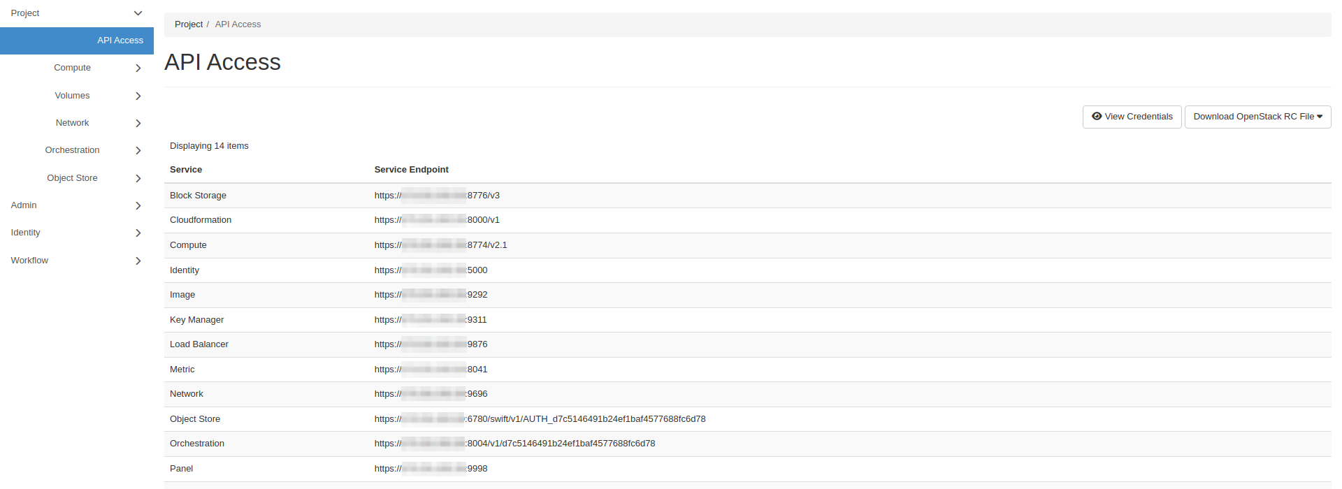 API Access page in Horizon