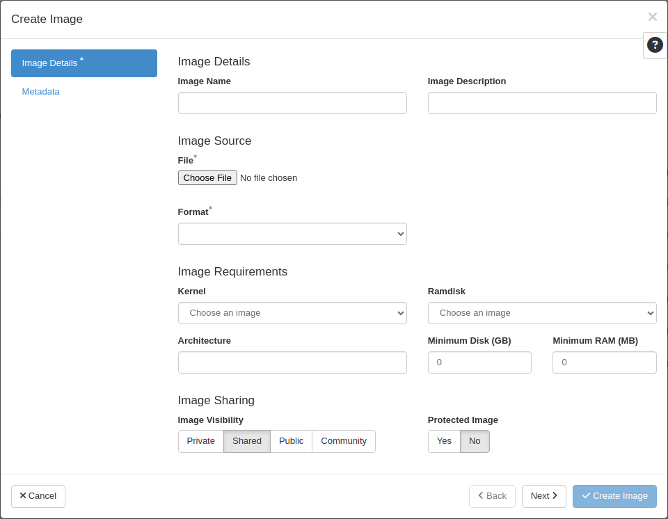 Create Image form in Horizon