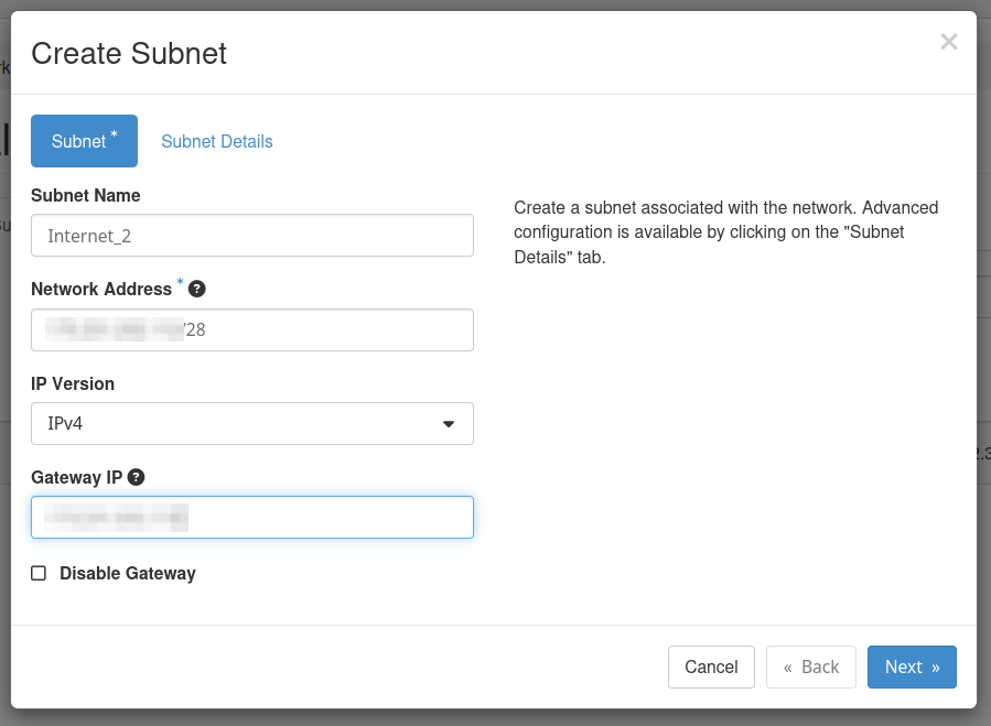 Subnet tab of the Create Subnet dialog in Horizon