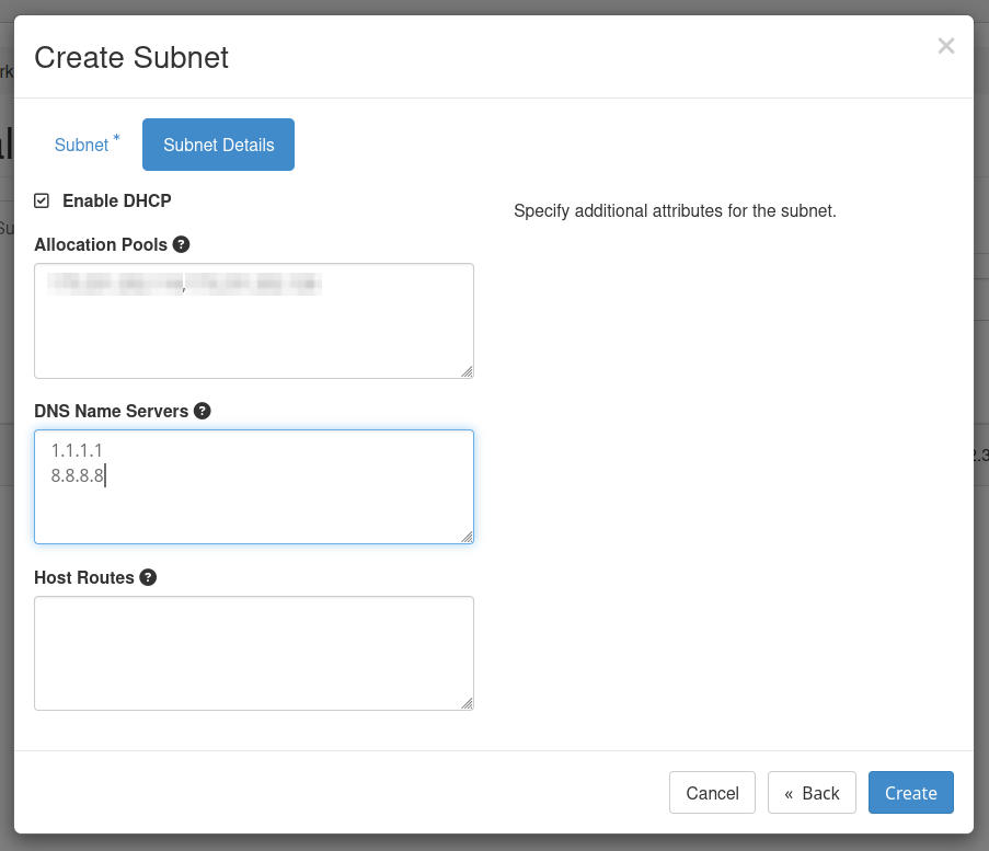 Subnet Details tab of the Create Subnet dialog in Horizon