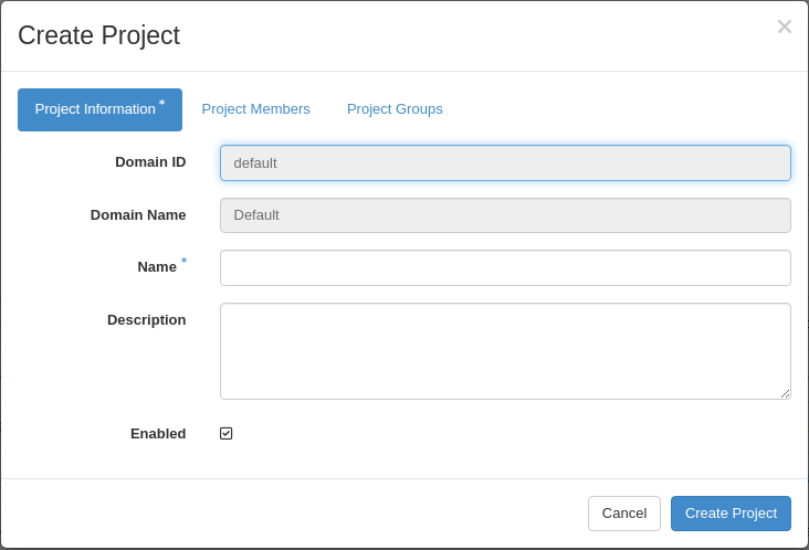 Create Project form in Horizon