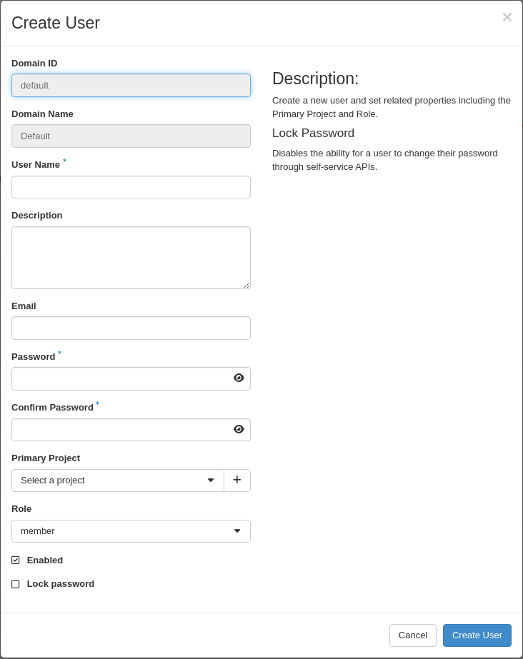 Create User form in Horizon