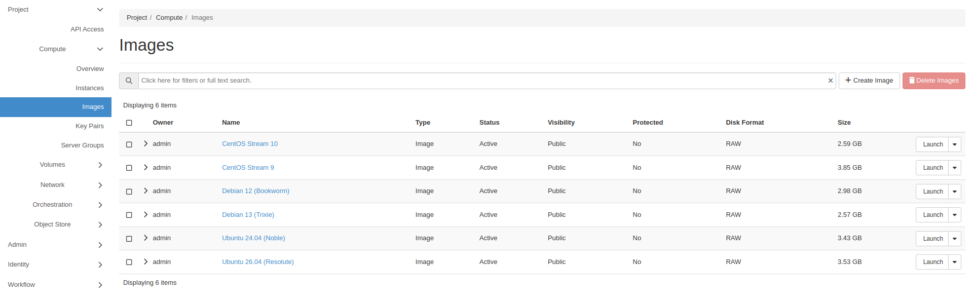 Images list in Horizon
