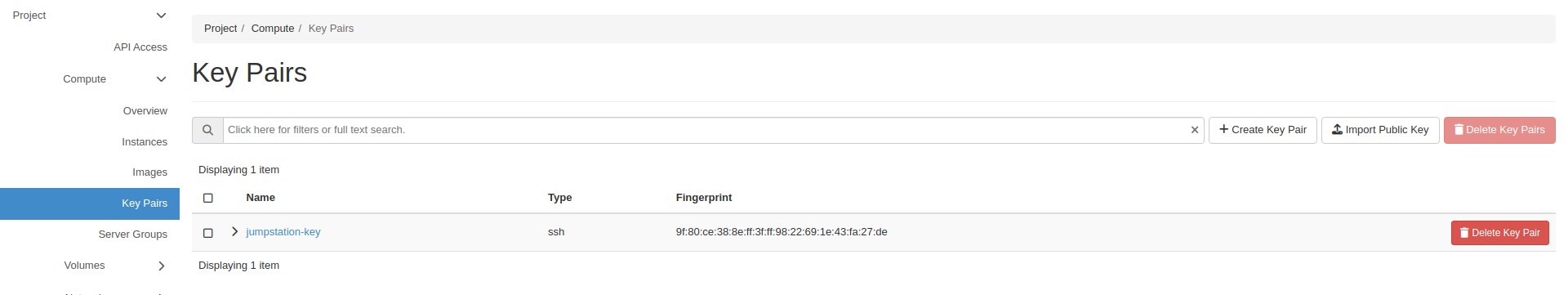 Key pairs list in Horizon