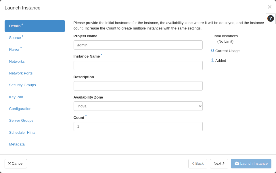 Launch Instance wizard in Horizon