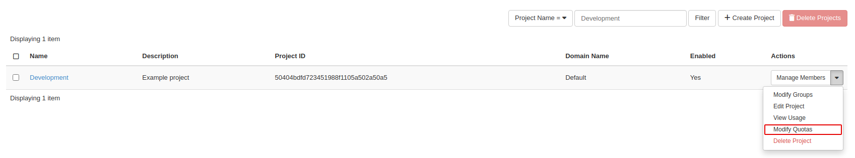 Modify Quotas in the project actions menu in Horizon