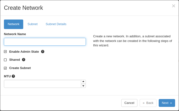Create Network form in Horizon