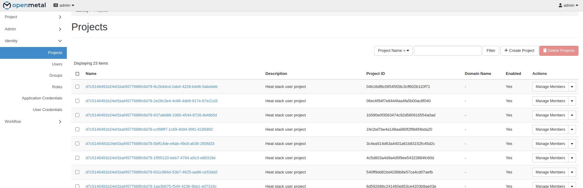 Projects list in Horizon