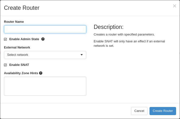 Create Router form in Horizon