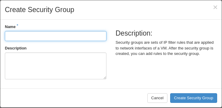 Create Security Group form in Horizon