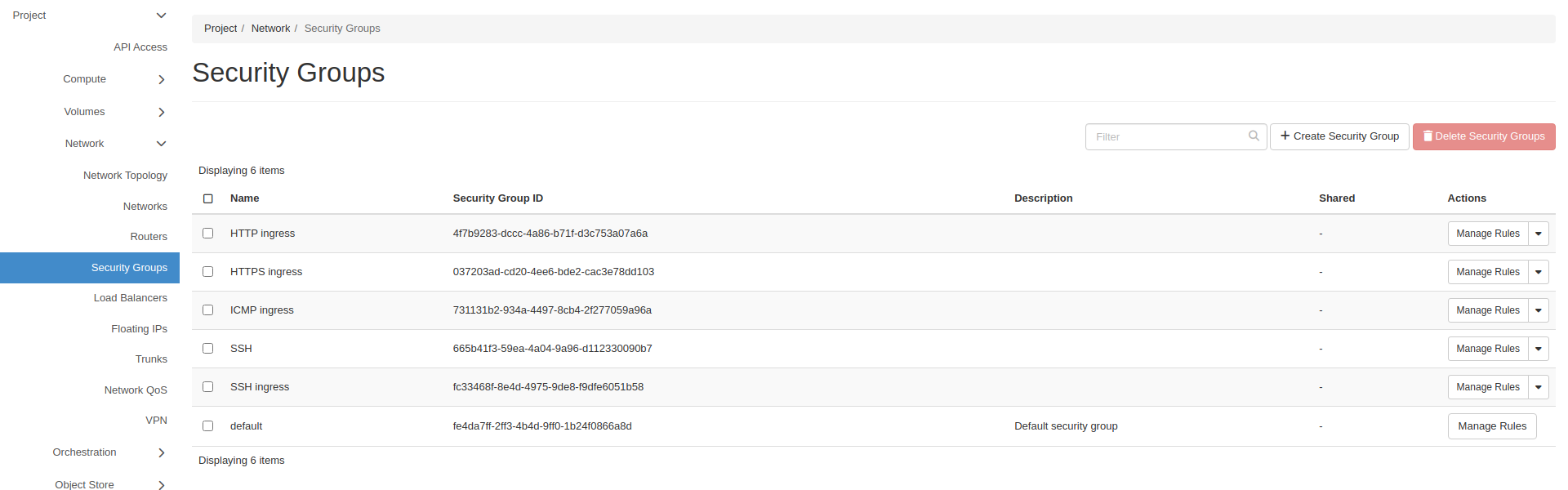 Security groups list in Horizon