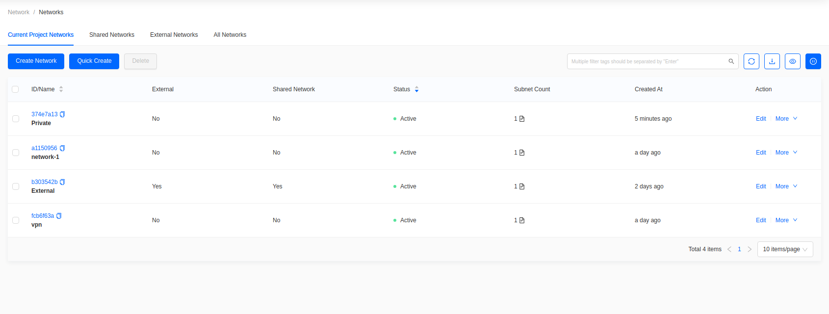 Networks list showing Private