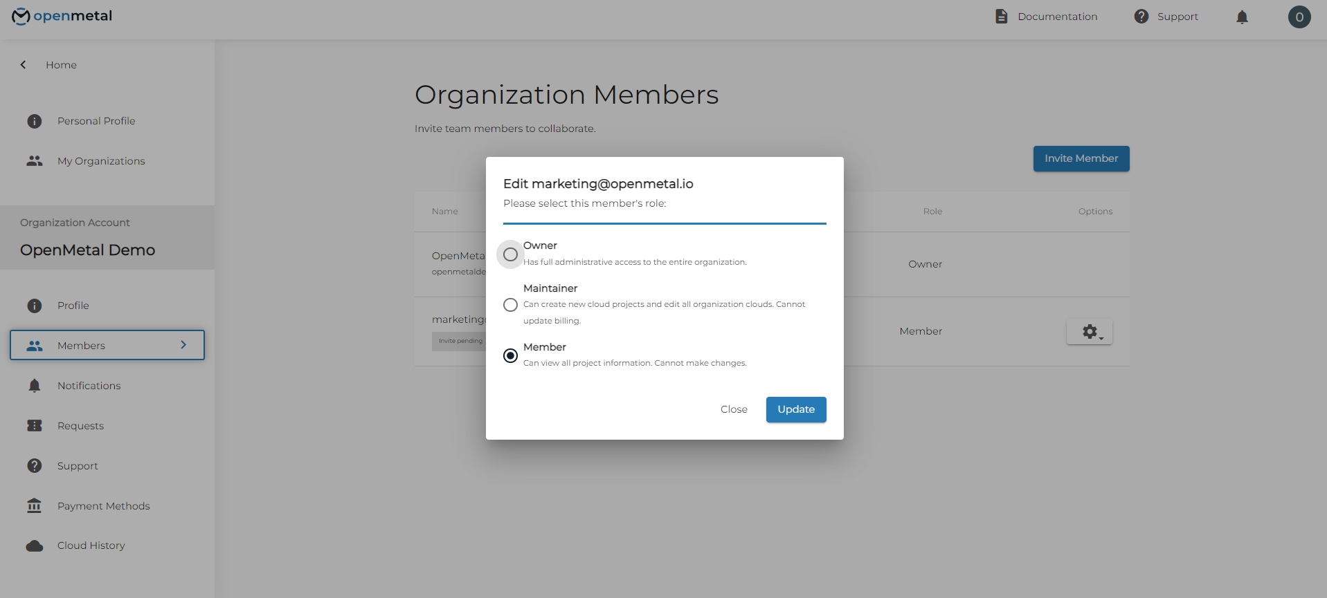 OpenMetal Central Managing Member Permissions