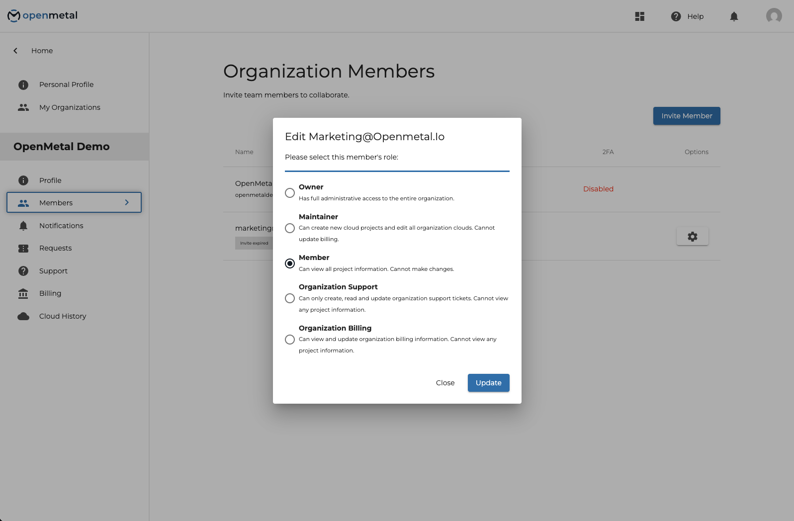 OpenMetal Central Managing Member Permissions