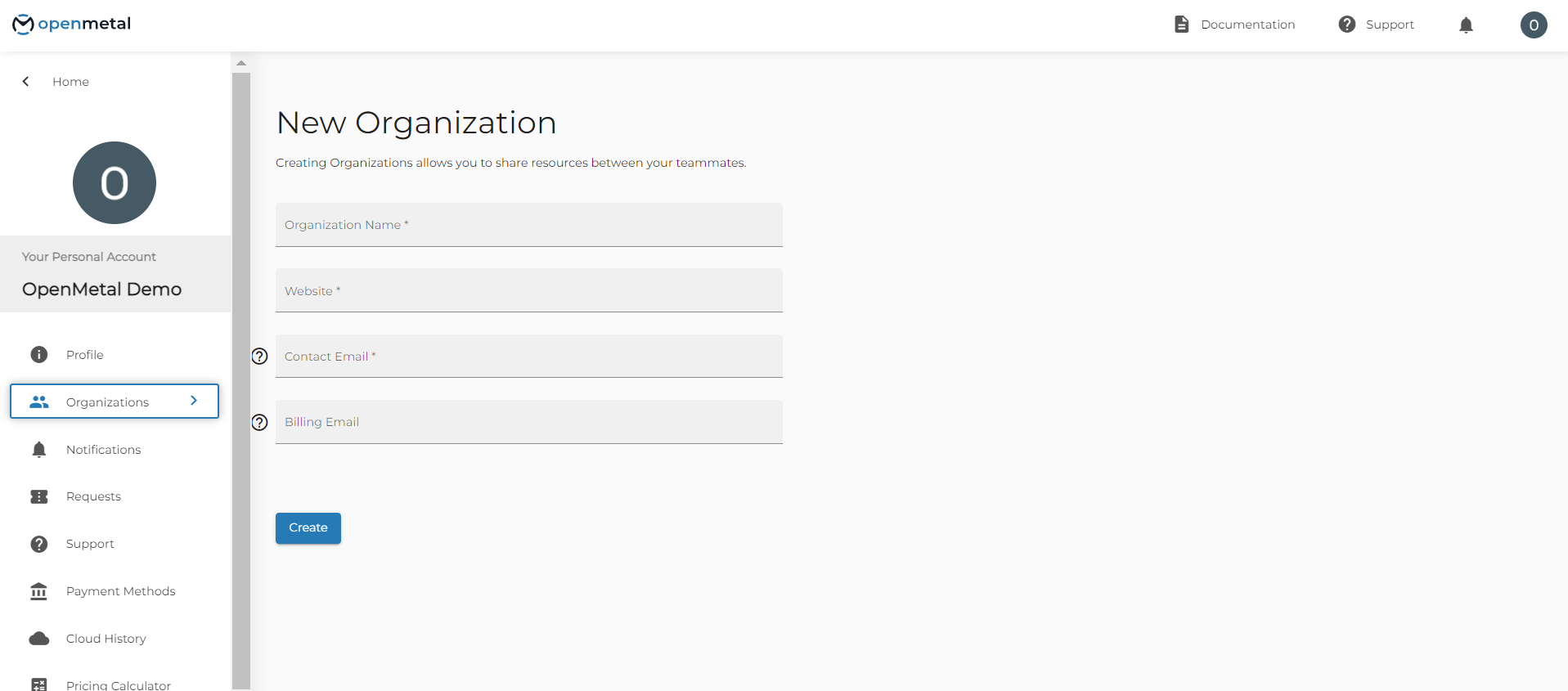 OpenMetal Central Organization Form