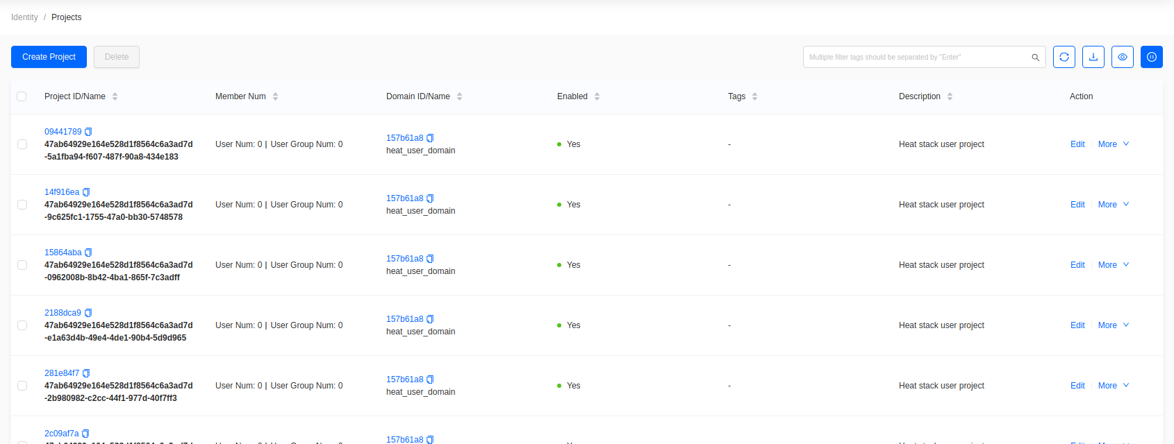Projects list in the Administrator console