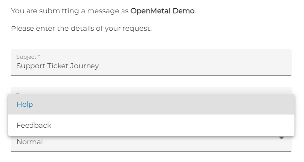 OpenMetal Central Request Type Drop-Down