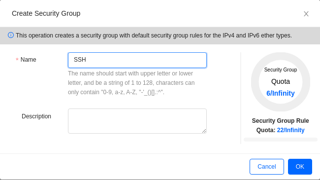 Create Security Group dialog