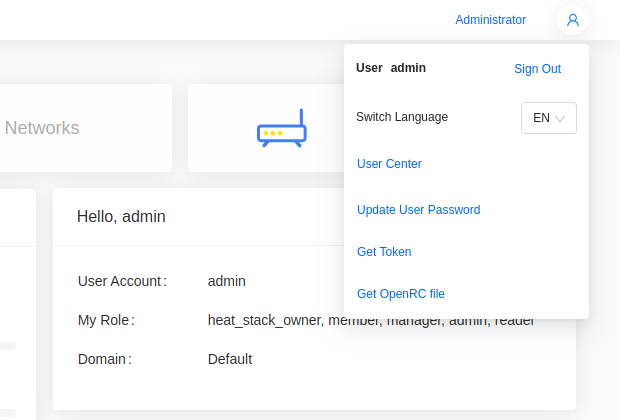 Skyline user menu with Get OpenRC file
