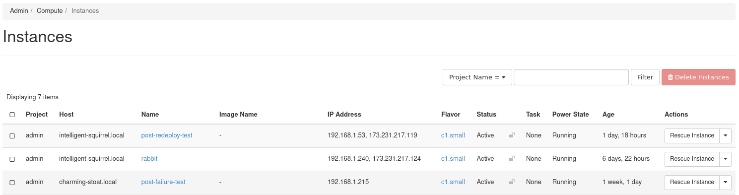 screenshot of instance list