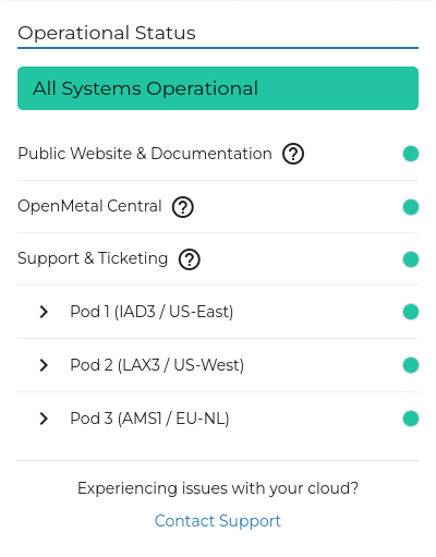 OpenMetal Central Cloud Operational Status Widget