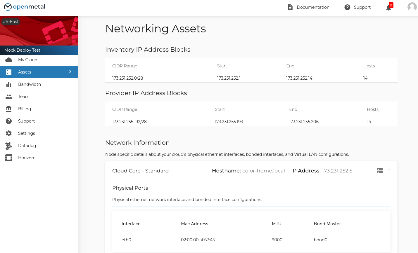 OpenMetal Central Networking Assets Dashboard