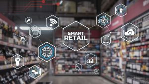 Tech graphics over photo of an aisle in a retail store.