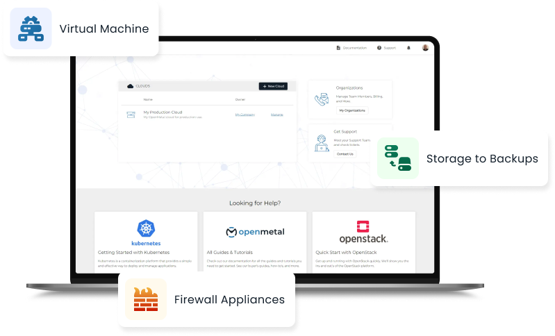 OpenMetal Central showing Virtual Machine, Storage to Backups, and Firewall Appliances