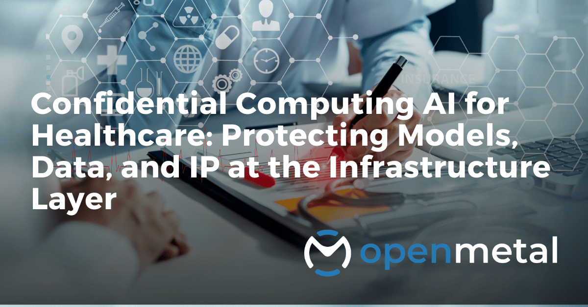 Healthcare professionals analyzing secure AI infrastructure diagram showing confidential computing enclaves protecting patient data