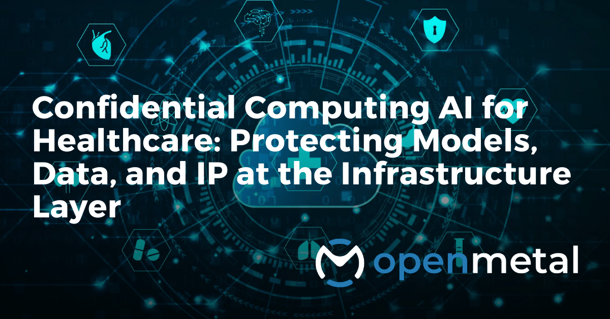 Healthcare professionals analyzing secure AI infrastructure diagram showing confidential computing enclaves protecting patient data