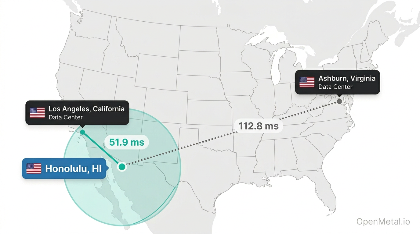 Map showing latency from Honolulu to OpenMetal data centers in Los Angeles and Ashburn