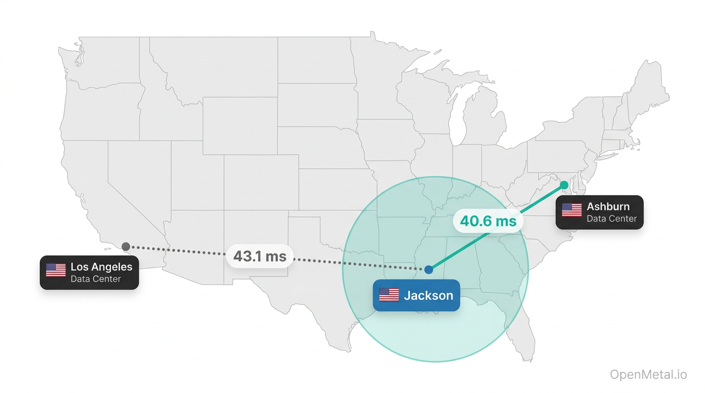 Map showing latency from Jackson to OpenMetal data centers in Ashburn and Los Angeles