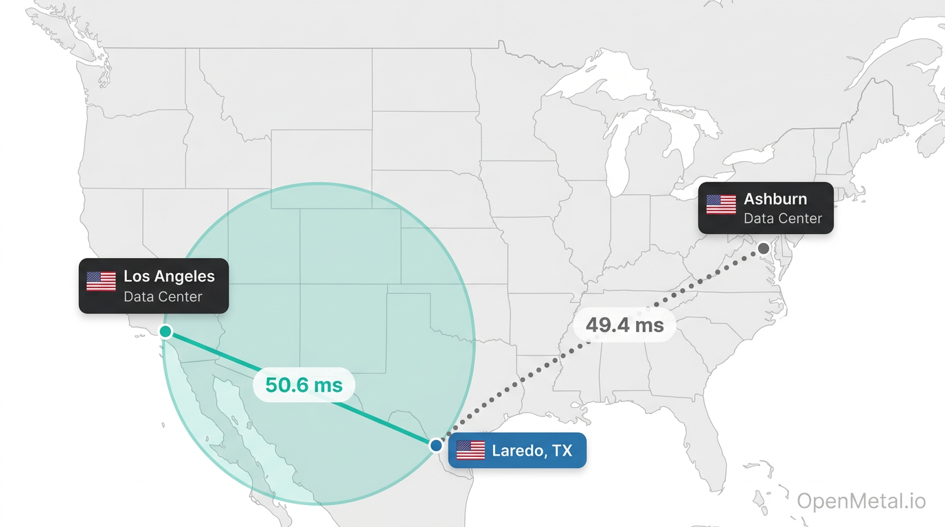Map showing latency from Laredo to OpenMetal data centers in Los Angeles and Ashburn