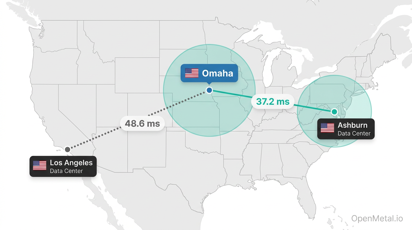 Map showing latency from Omaha to OpenMetal data centers in Ashburn and Los Angeles
