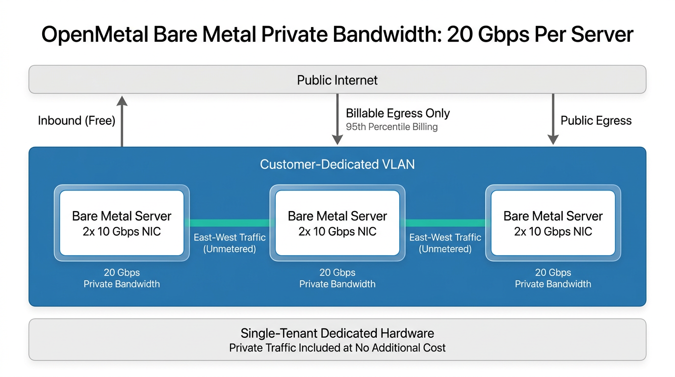 Network topology showing three bare metal servers connected via 20 Gbps unmetered private VLAN with separate billable public egress path.