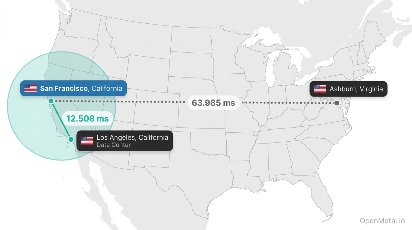 Map showing latency from San Rafael to OpenMetal data centers in Los Angeles and Ashburn