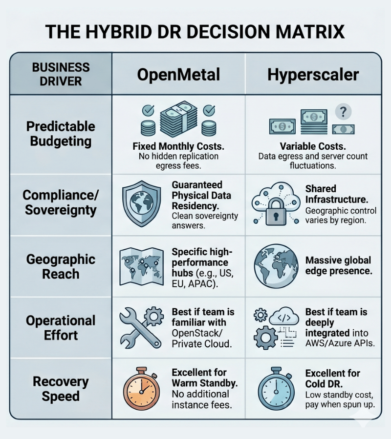 Hybrid Disaster Recovery Decision Matrix, OpenMetal vs Hyperscalers