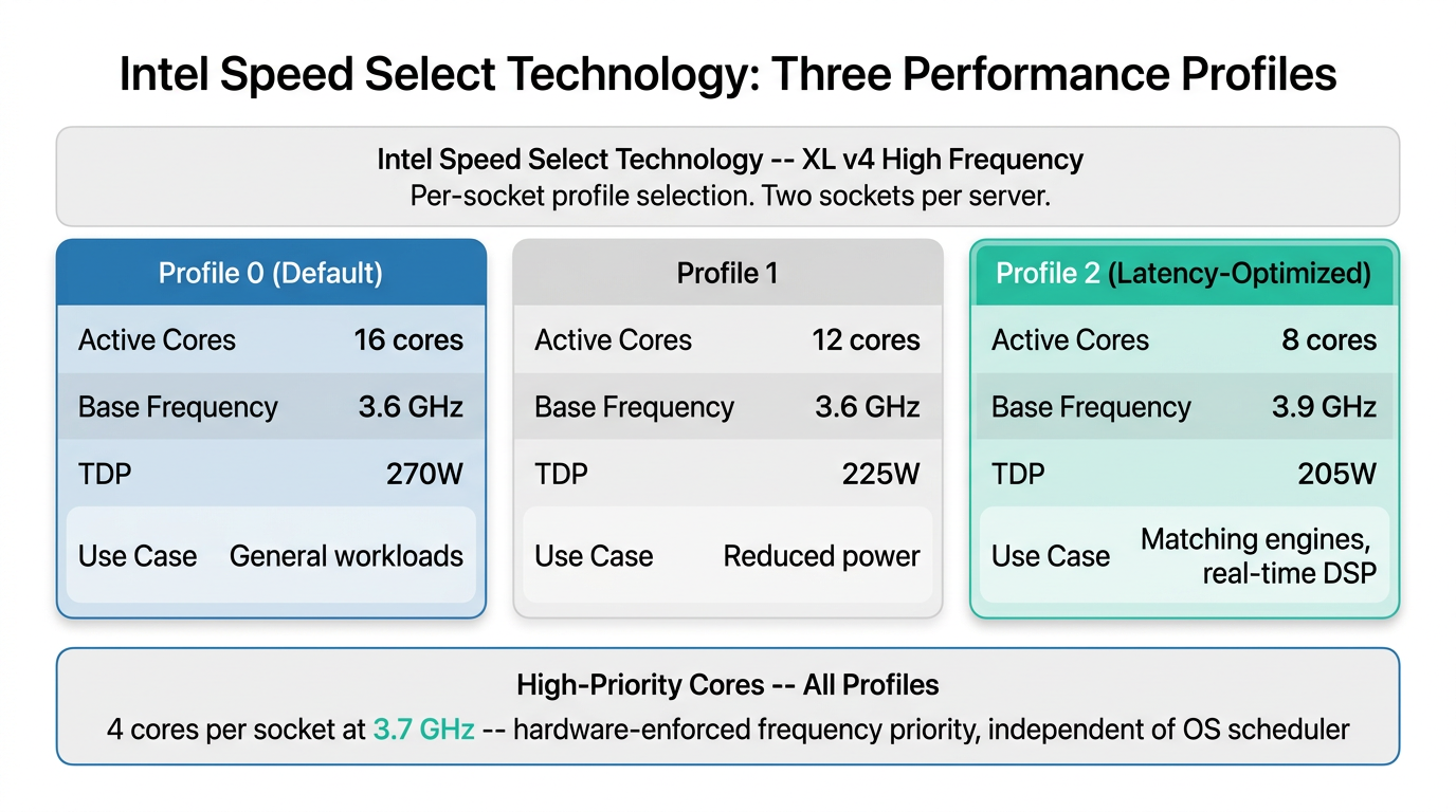 Comparison table showing three Intel Speed Select profiles: 16 cores at 3.6 GHz, 12 cores at 3.6 GHz, and 8 cores at 3.9 GHz, with high-priority core callout.