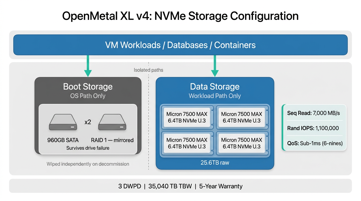 Storage architecture diagram showing Micron 7500 MAX NVMe drive performance and data path on the XL v4.
